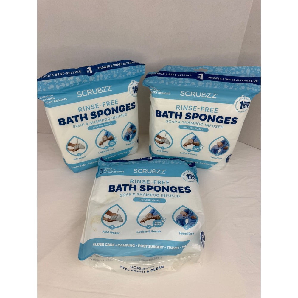 Scrubzz Rinse-Free Bath Sponges Soap & Shampoo Infused 3 Pack